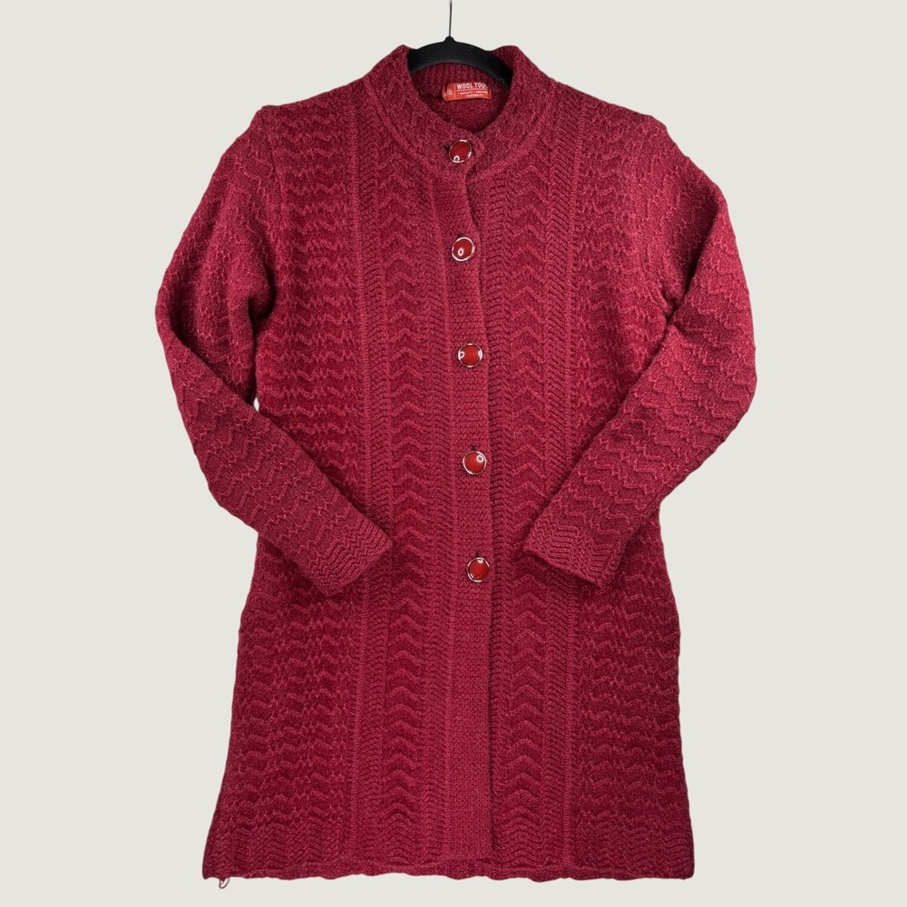 Wool Touch Knitted Long Cardigan Women Small Burgundy Excellent Mock Neck Button